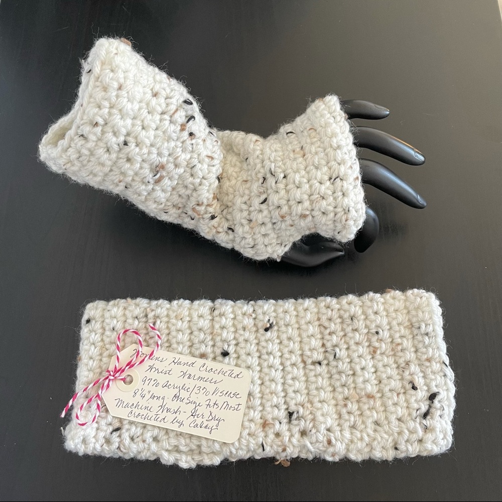 Hand Crafted Fingerless Gloves Crochet Cream OSFM Knit Outdoor Gift Women